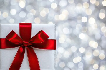 Christmas background with a classic red bow and ribbon on a white gift box