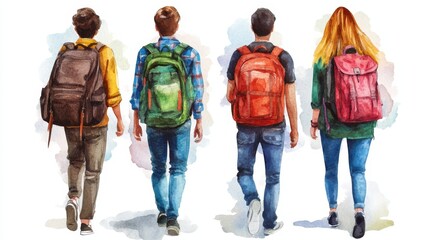 Watercolor Illustration of Four People Walking Away with Backpacks