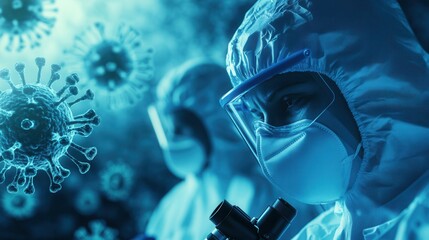 Medical professionals in protective gear analyze viruses under a microscope, focusing on disease control measures in a laboratory environment. Generative AI