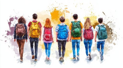 Naklejka premium Watercolor Illustration of Students with Backpacks Walking Together