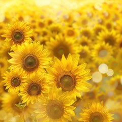 Bright yellow sunflowers in full bloom, filling the entire frame. Natural photography style. Floral background. Concept of summer and nature beauty.