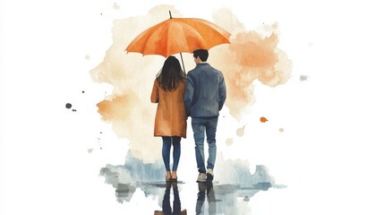 Watercolor Illustration of a Couple Walking Under an Orange Umbrella in the Rain