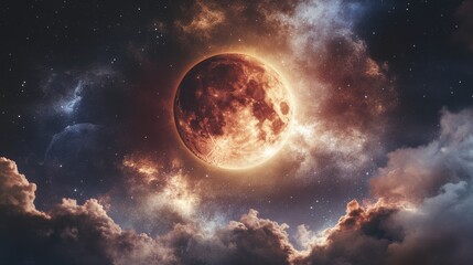 Obraz premium Full Moon In The Night Sky With Stars And Clouds.