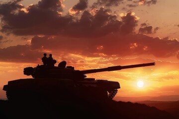 MIlitary tank against the sunset sky with clouds A military tank cannon on the background of a sunset sky with clouds. The concept of war. Military concept. Infantry troops. Silhouettes of tanks on a 