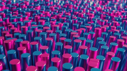 Obraz premium Vibrant 3D digital artwork featuring a field of cylindrical shapes in bold blue and purple hues with a metallic finish, delivering a captivating visual texture.