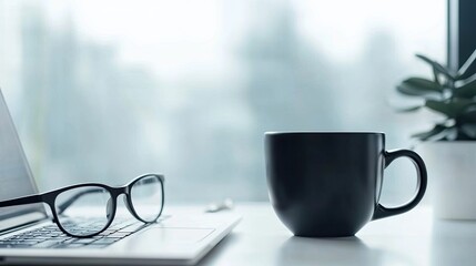 Cropped view of glasses and cup of coffee near laptop on white surface