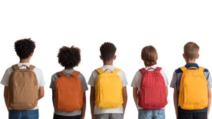 rear view Portrait of multiethnic group of boys and girls wearing backpacks isolated against white or transparent background