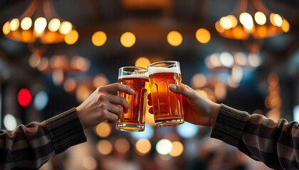 Two people toasting beer mugs in front of a blurred background with bokeh lights
