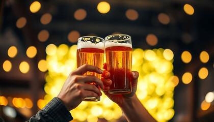 Two people toasting beer mugs in front of a blurred background with bokeh lights