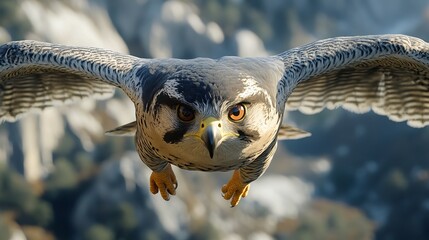 A falcon in mid-flight soaring over a mountain landscape at sunset