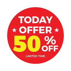 Red sale label or sticker. Simple flat discount tag, vector illustration, summer sale. 50% today offer 