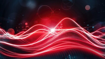 Obraz premium Vibrant Red Glowing Waves of Magic Energy in High-Tech Digital Design with Light Rays, Bokeh, and Iridescent Particle Effects. Abstract Background.