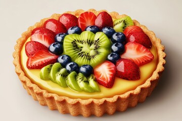 A colorful fruit tart topped with strawberries, blueberries, kiwi, and a creamy filling.