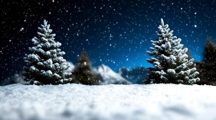 A serene winter landscape featuring snow-covered trees under a starry sky, evoking tranquility and natural beauty.