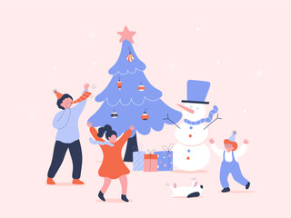 Children-celebrating-Christmas-with-a-snowman-and-a-Christmas-tree