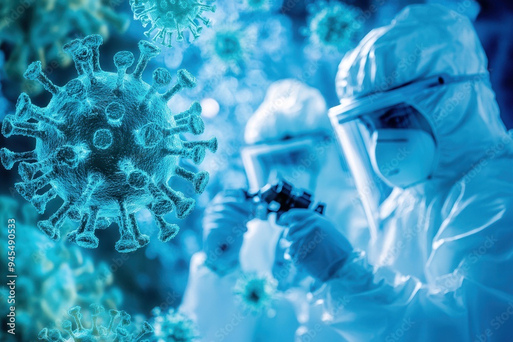 Aufkleber medical professionals in protective attire examine viruses through a microscope while conducting ess