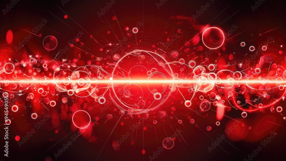 Poster vibrant abstract red glowing backdrop featuring dynamic floating dots, circular bokeh elements, ener