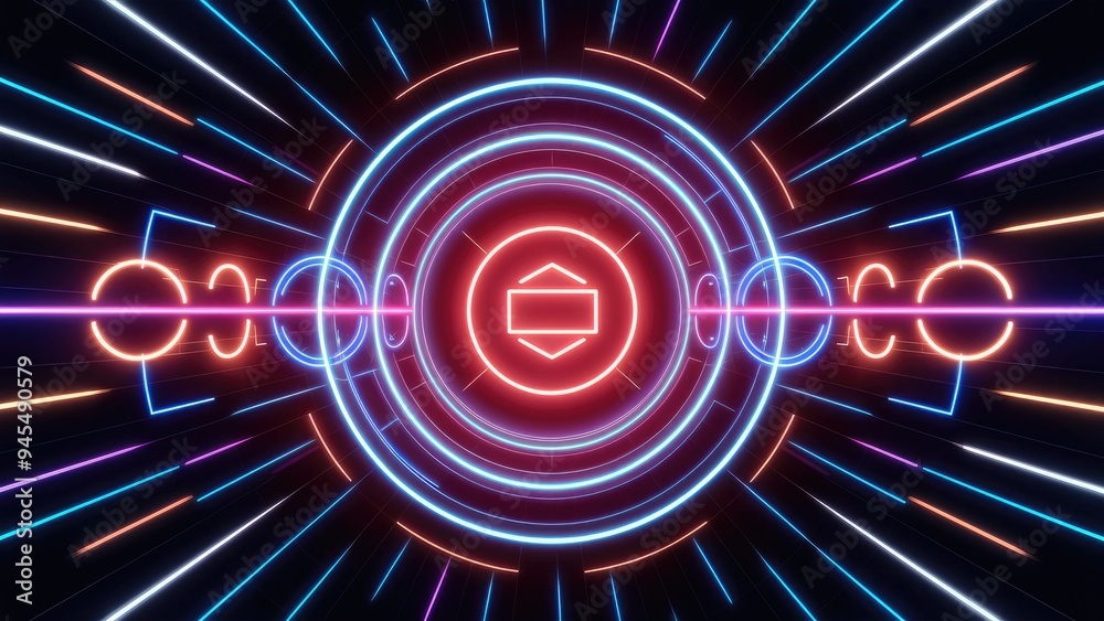 Poster vibrant abstract neon circle looping background. futuristic interface search process. concept of rad