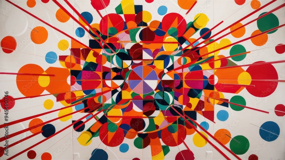 Poster vibrant background featuring colorful geometric shapes, including circles and squares, with red line