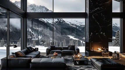 Luxurious, modern black living room with large windows overlooking snowy mountains. Interior design of dark and moody atmosphere. A cozy fireplace, black leather sofa. Generative AI.
