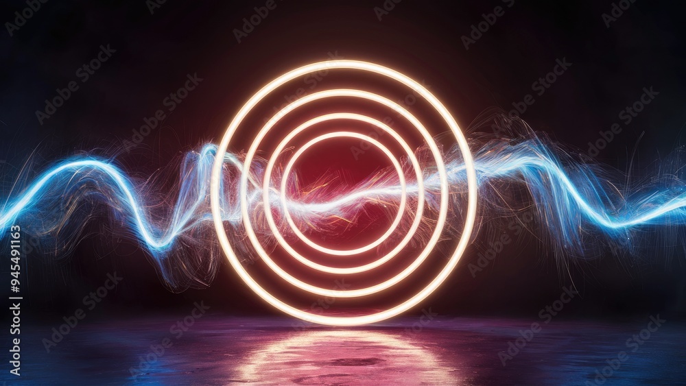 Poster vibrant neon rings pulsate in a dark space, creating luminous bokeh effects with dynamic waves and r