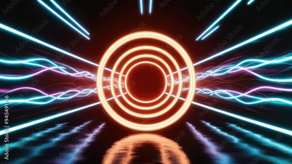 Poster vibrant neon rings pulsate in a dark space, creating luminous bokeh effects with dynamic waves and r