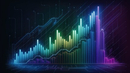 Vibrant neon bar chart on dark backdrop. Business analysis illustration.