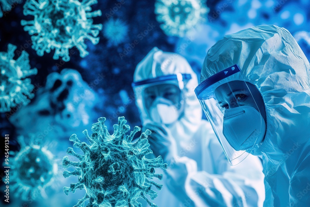 Poster medical professionals in protective suits examine viruses under a microscope, focusing on disease co