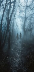 Fototapeta premium Eerie forest pathway with two silhouettes in the misty fog, evoking a sense of mystery and suspense in the dark, twisted woods.