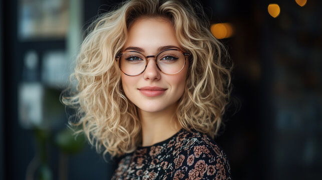 Stylowa młoda kobieta w roli bizneswoman, z kręconymi blond włosami i okularami, kt&oacute;re dodają jej nowoczesnego i profesjonalnego wyglądu. 