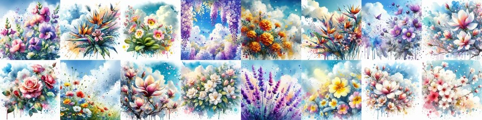 Watercolor spattering flowers with blue sky, drawing. AI generated illustration