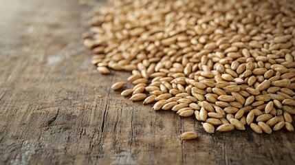 Fototapeta premium A pile of grain on a wooden surface. The grain is yellow and brown