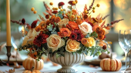 A refined and elegant Thanksgiving table decoration centered around a stunning floral arrangement. The centerpiece features a mix of autumnal flowers. Generative AI.