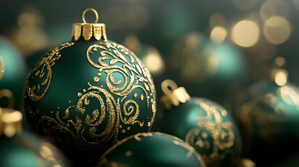 A close-up of a green Christmas ornament with gold detailing, surrounded by other ornaments.