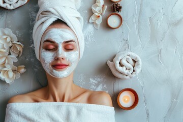 Woman relaxing with a facial mask and candles in a serene spa setting, surrounded by towels and flowers, promoting self-care. With copy space for text.