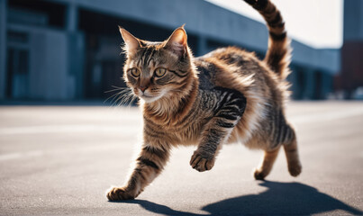 A tabby cat runs across a paved street in the city