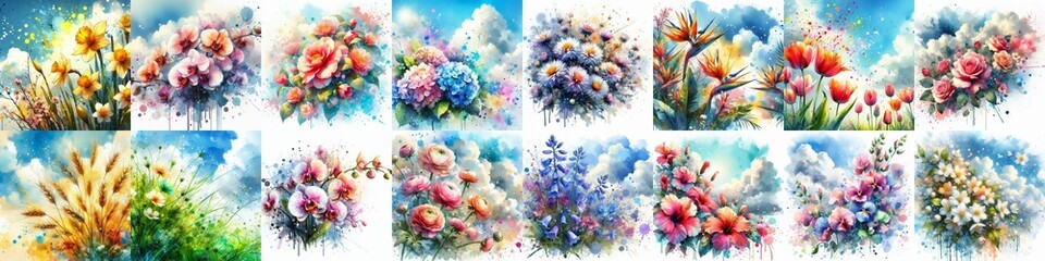 Watercolor spattering flowers with blue sky, drawing. AI generated illustration