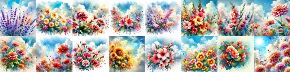Watercolor spattering flowers with blue sky, drawing. AI generated illustration
