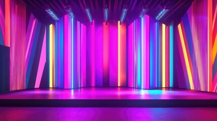 Stage lights backdrop, Retro-style stage lighting, bold geometric shapes, bright neon colors, 1980s aesthetic, high-energy vibe, Laser Glow Lines Background Abstract.