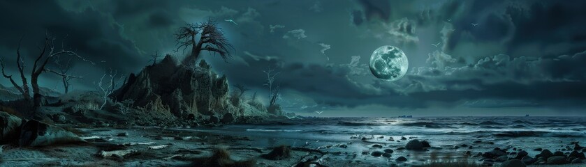 Eerie nighttime seascape with rocky shore, dark clouds, and a glowing moon casting reflection on the water, creating a mystical atmosphere.