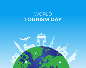 World Tourism Day. 27 September. Holiday concept. Template for background with banner, poster and card. flat illustration. jpeg format.