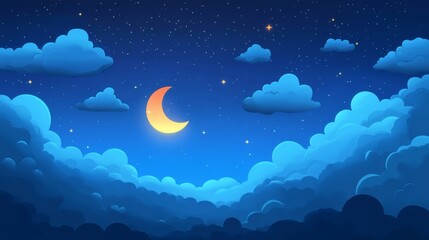 Night Sky with Crescent Moon and Stars.