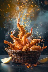 Crispy Shrimp Tempura Bursting Energetically from a Bamboo Basket