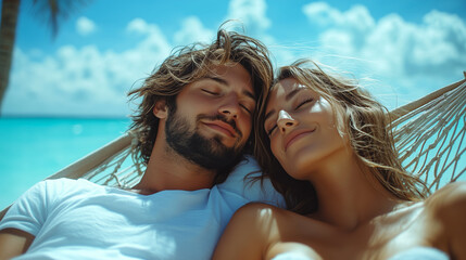 Fototapeta premium Young couple relaxing in a hammock on a tropical beach, with a blue sky and ocean in the background. The man, with messy hair, is wearing a white shirt and lying down next to his b
