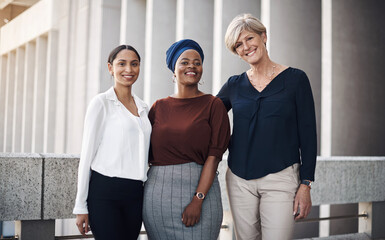 Fototapeta premium Group, business and women in portrait outdoor for meeting discussion, legal collaboration and corporate career. Smile, diversity and people as lawyers for urban project, cooperation and city together