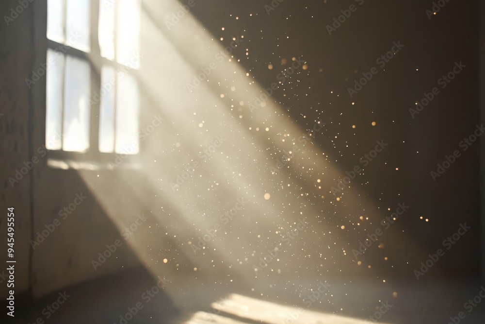 Poster This image shows dust particles becoming visible in a beam of sunlight shining through a window, capturing the peaceful and reflective moment in a quiet room.