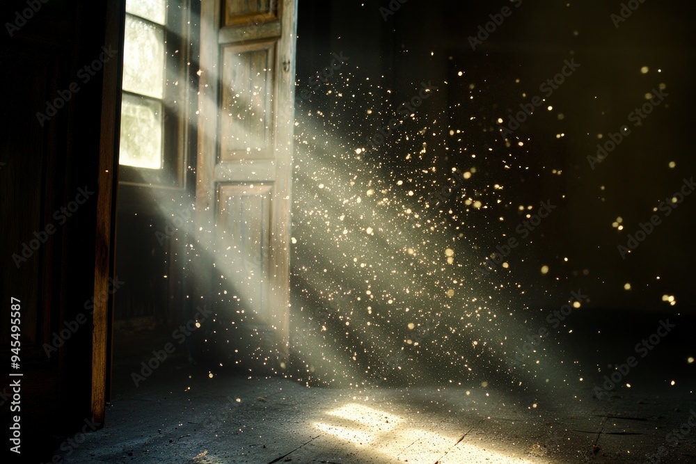 Poster this image captures sunlit dust particles in a dark room, made visible by a beam of light streaming 