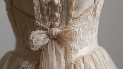 A close-up view of a dress bodice with small bow details, highlighting the intricate stitching and delicate fabric, placed against a neutral background.