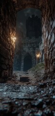 Mystical medieval castle entrance illuminated by lanterns at night, with wet stone path leading towards an arched doorway.
