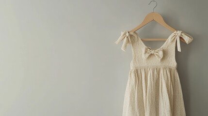 A minimalistic display of a beige dress with small bow patterns, hanging on a simple wooden hanger against a soft grey background.